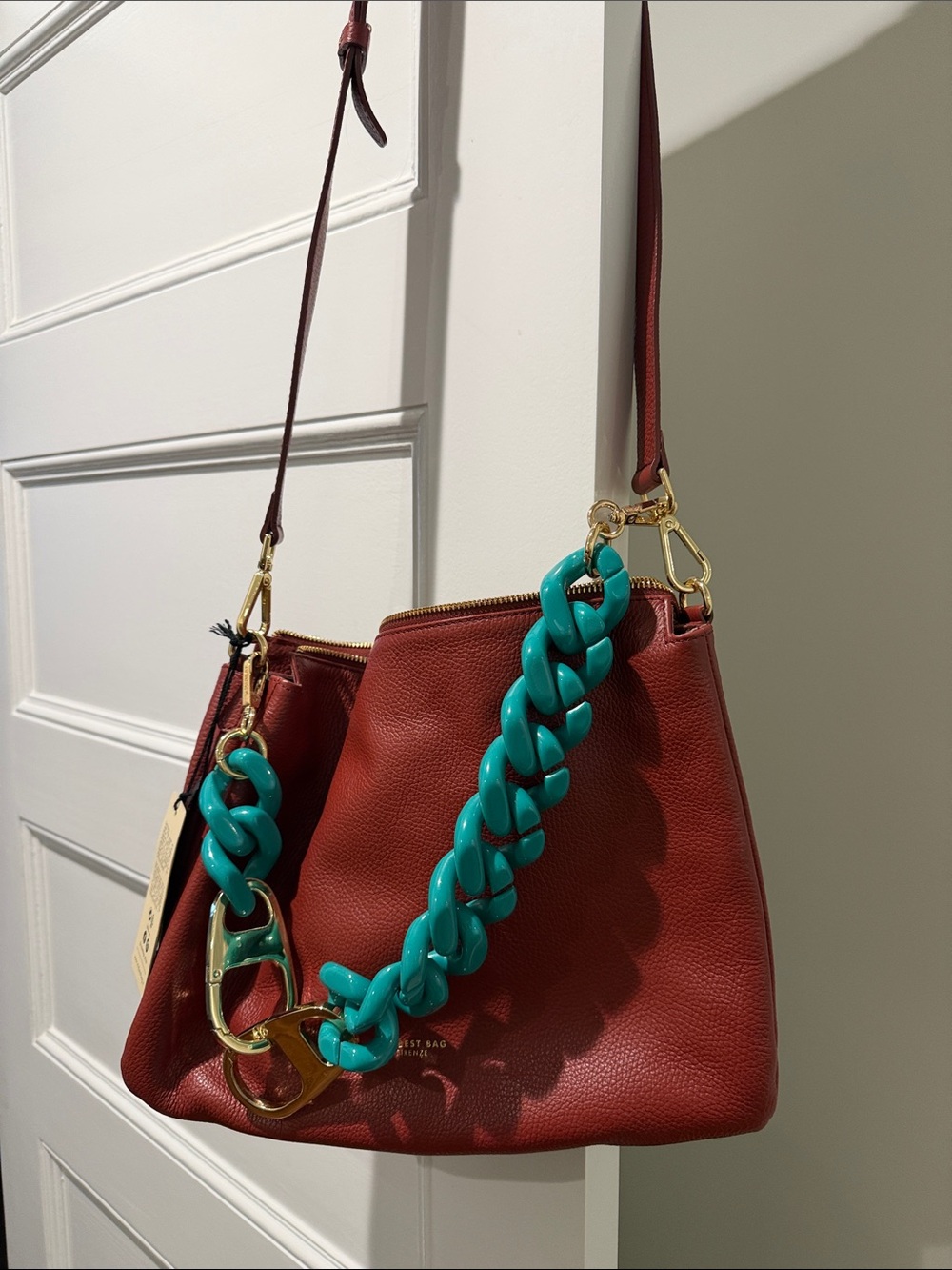 My Best Bag Pebbled Leather Shoulder Bag with Turquoise Chain Accent - Red